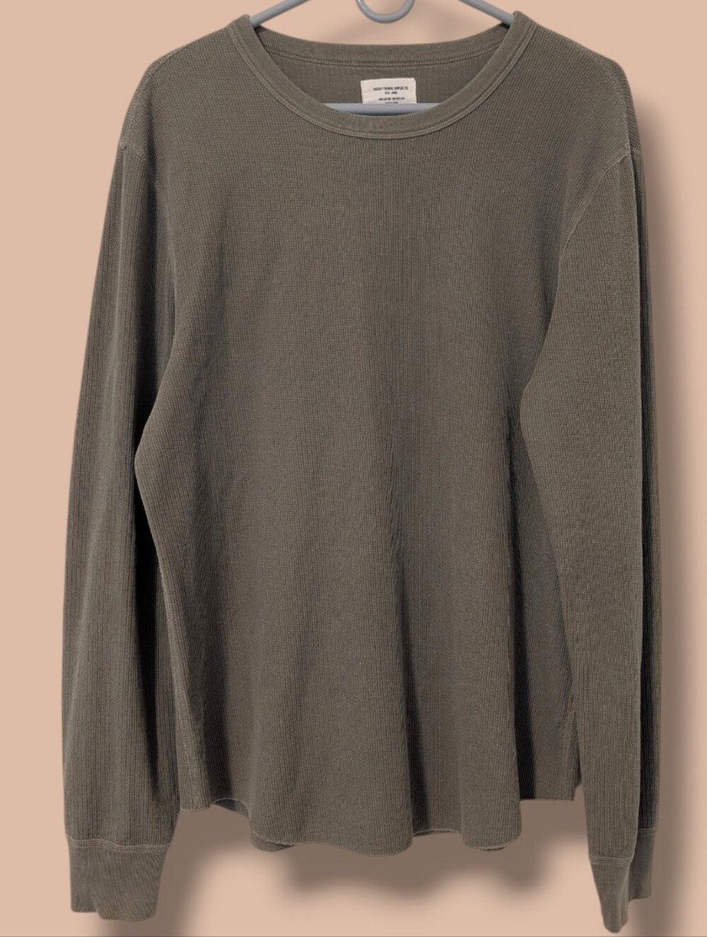 Buck Mason Olive Cotton Waffle Knit Long Sleeve Vintage Thermal Surplus Tee LG